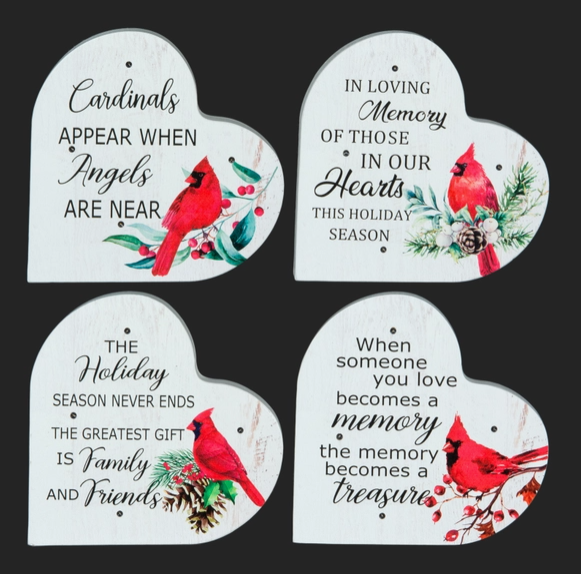 Assorted 4.5" Hearts W/Cardinal, Greetings & soft Led Lights.