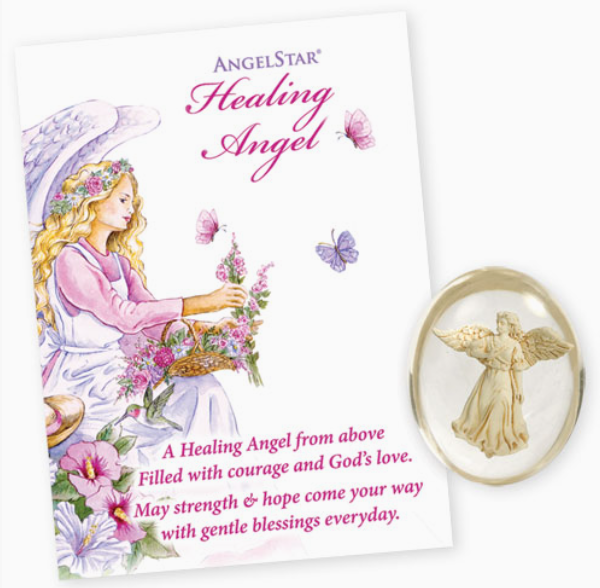 Angel Stone with outspread wings springled with glitter-poem on card