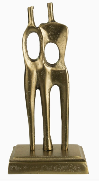 Modernist sculpture-aluminum and brass plated couple standing in unity from India.