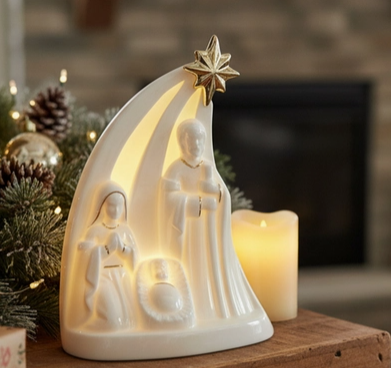 Porcelain Nativitiy Scene with Golden Star atop and Led.soft lighing.