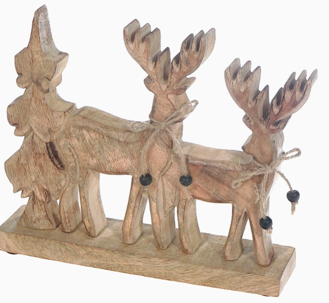 Wood Hand Carved Reindeer with Tree Décor from India.