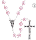 Elegant Premium Imitation Pearl Rosary Pink Beads, Silver-Plated Crucifix from Italy.