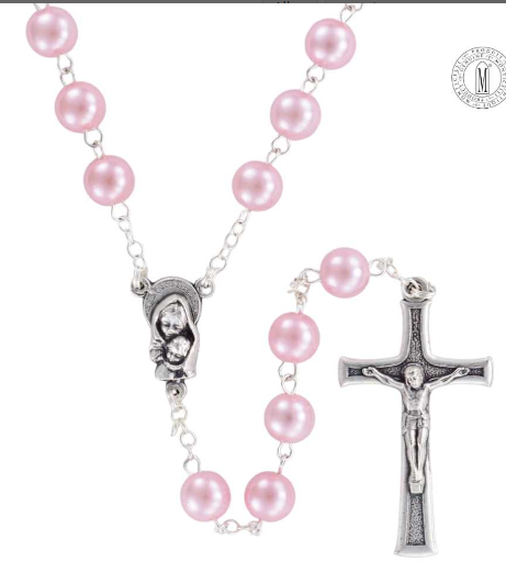 Elegant Premium Imitation Pearl Rosary Pink Beads, Silver-Plated Crucifix from Italy.