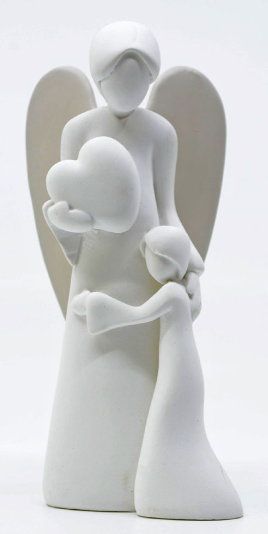 A minimalist white figurine Modern Guardian Angel with Child.   Made in Italy.
