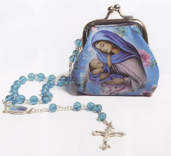 Silver-plated crucifix Rosary from Italy in a soft matl kiss-lock purse display Mary & Baby.