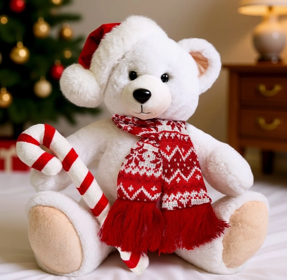 Snowy Polar Bear, 12" Christmas Joy, Santa Hat, Candy Cane. Made in the USA.