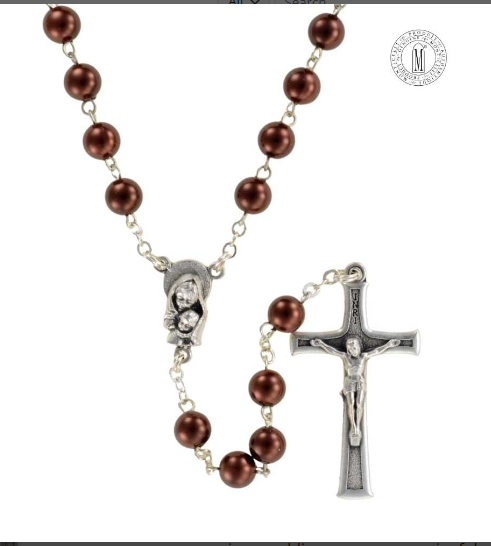 Premium Imitation Pearl Rosary Bronzed Beads, Silver-Plated Crucifix from Italy.