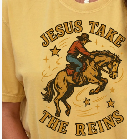 "Jesus Take the Reins" - Cowboy & Horse Faith Design. Made in Mexico.from Premium 100% Cotton.