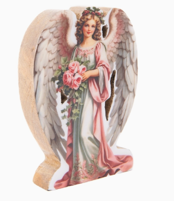Coated Mango Wood Angel with large white wings. carved in India.